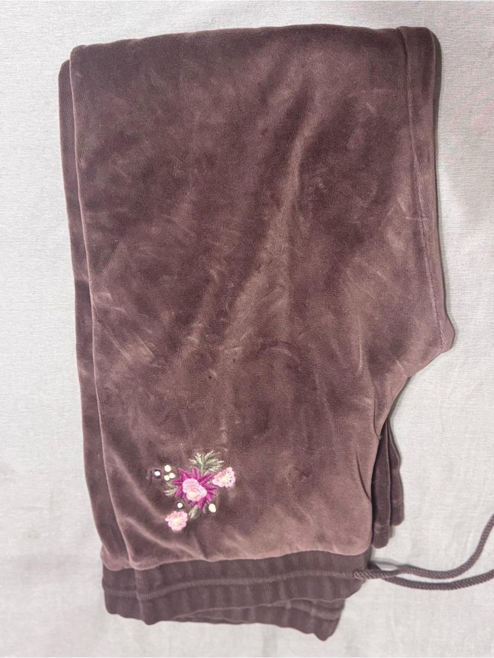 Brown Velour Lounge Pants with Pink Floral Embroidery